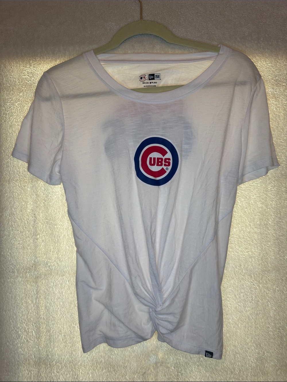 New Era White Cubs Logo Tee with Logo on Front and Back. Knotted Cinched front